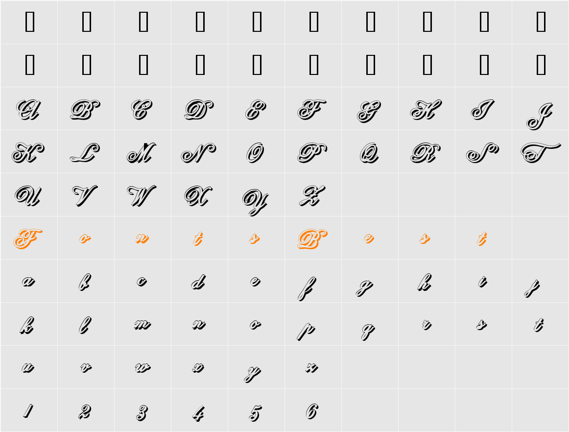 Anglia Script Shadow Character Map