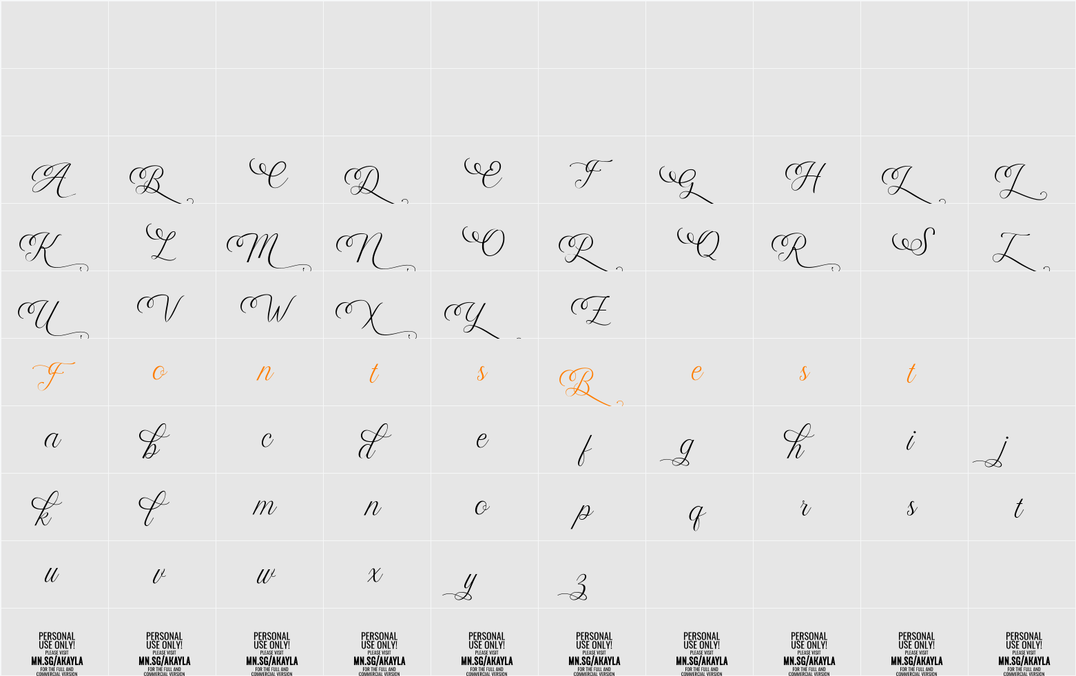 Akayla Script Deco PERSONAL USE Character Map