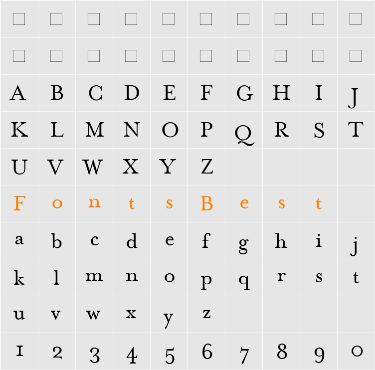 MrsEavesRoman Character Map