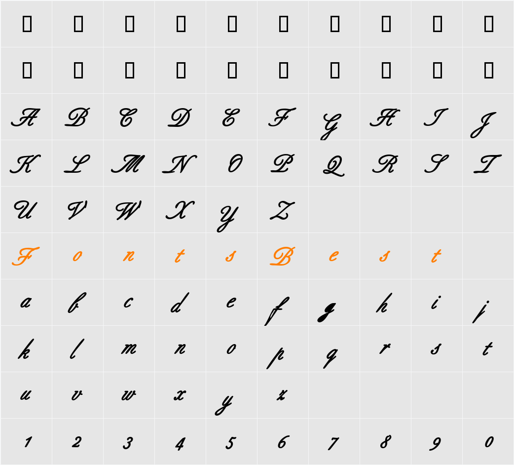AldridgeScriptSSK Character Map