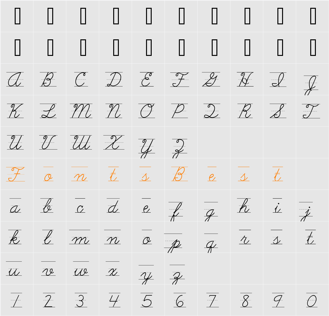AbcCursiveLined Character Map