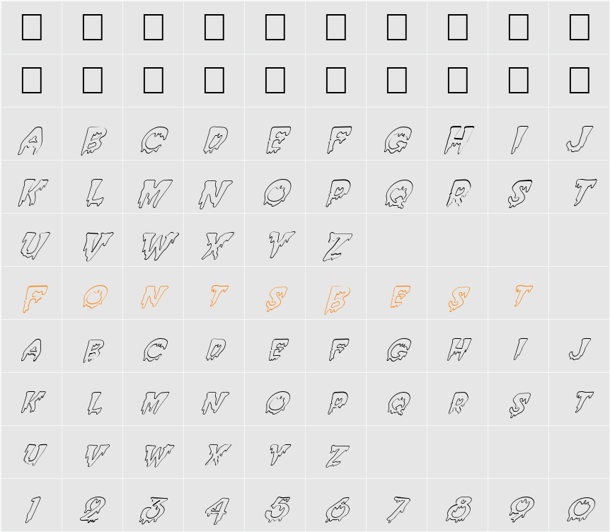 FZ UNIQUE 10 HOLLOW ITALIC Character Map
