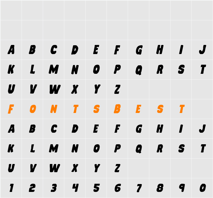 Mystery Mobile Expanded Italic Character Map