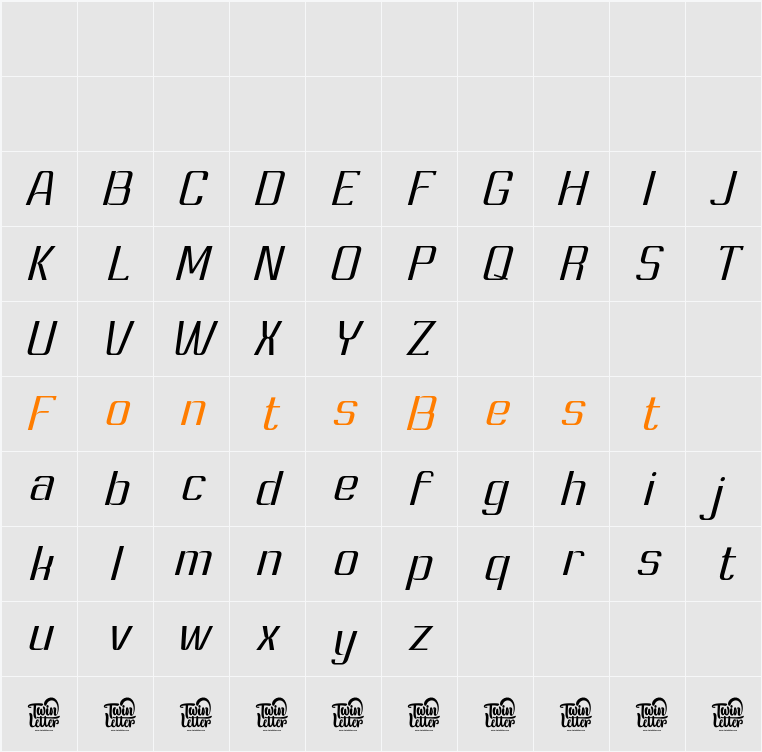 Ashety Light Slant Character Map