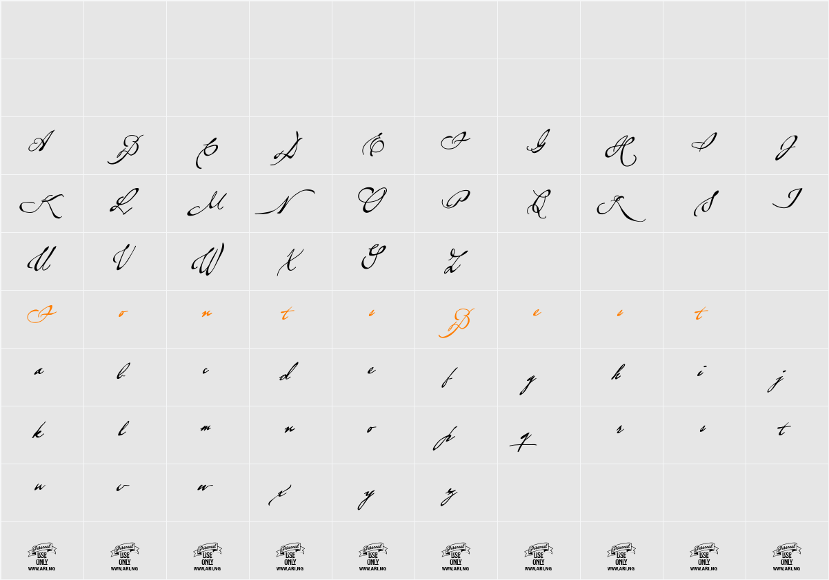 Brev Script Personal Use Character Map