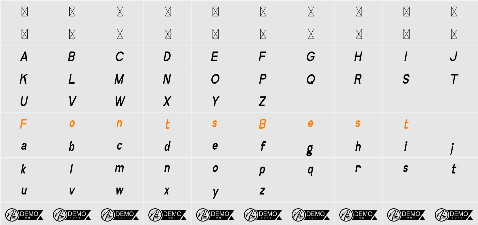 Boreland Demo Condensed Italic Character Map