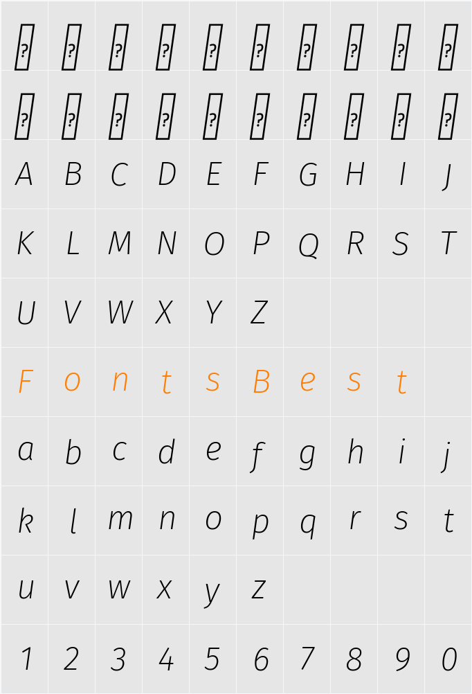 Fira Sans ExtraLight Character Map
