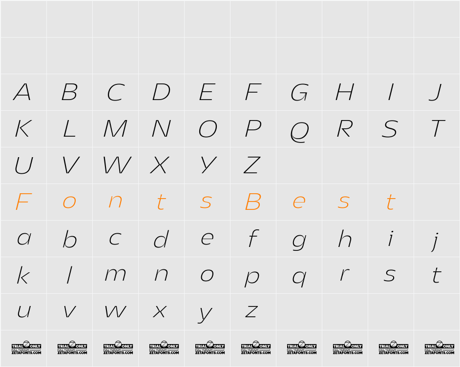 Asgard Trial Fit Xlight Italic Character Map