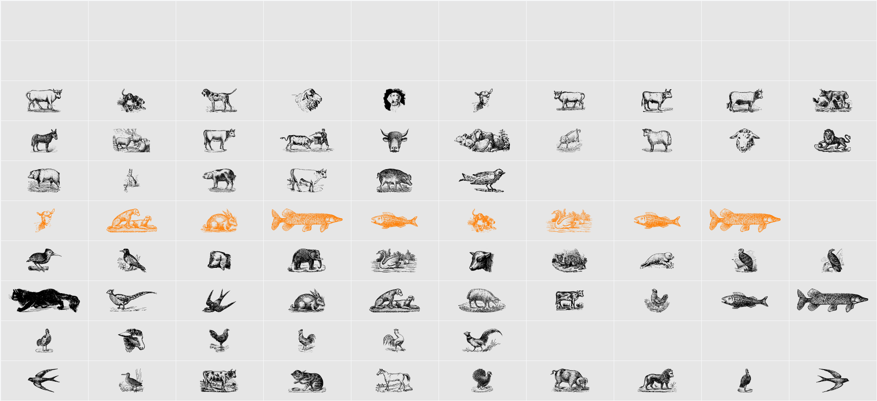 Animals Old Cuts Character Map