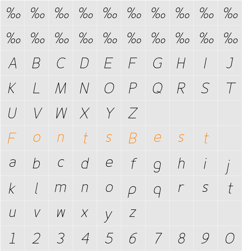 Fineness Pro ExtraLight Italic Character Map