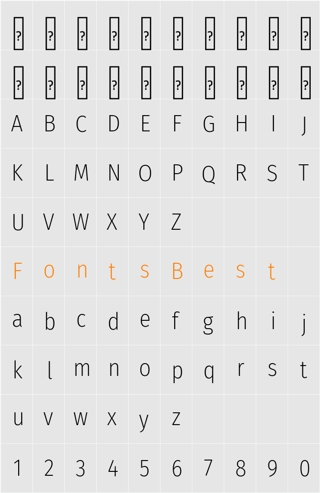 Fira Sans Condensed ExtraLight Character Map