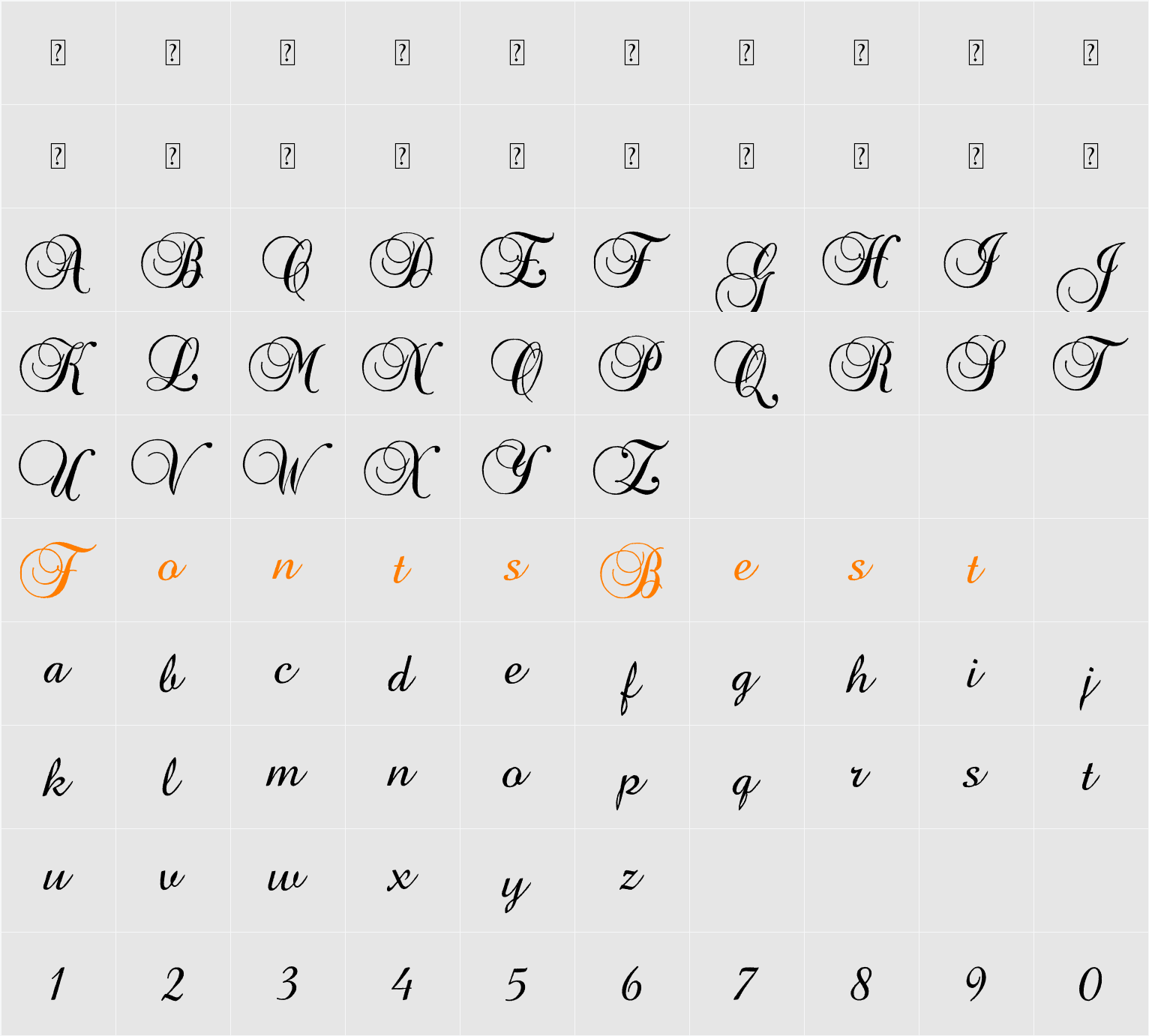 Baroque Antique Script Character Map