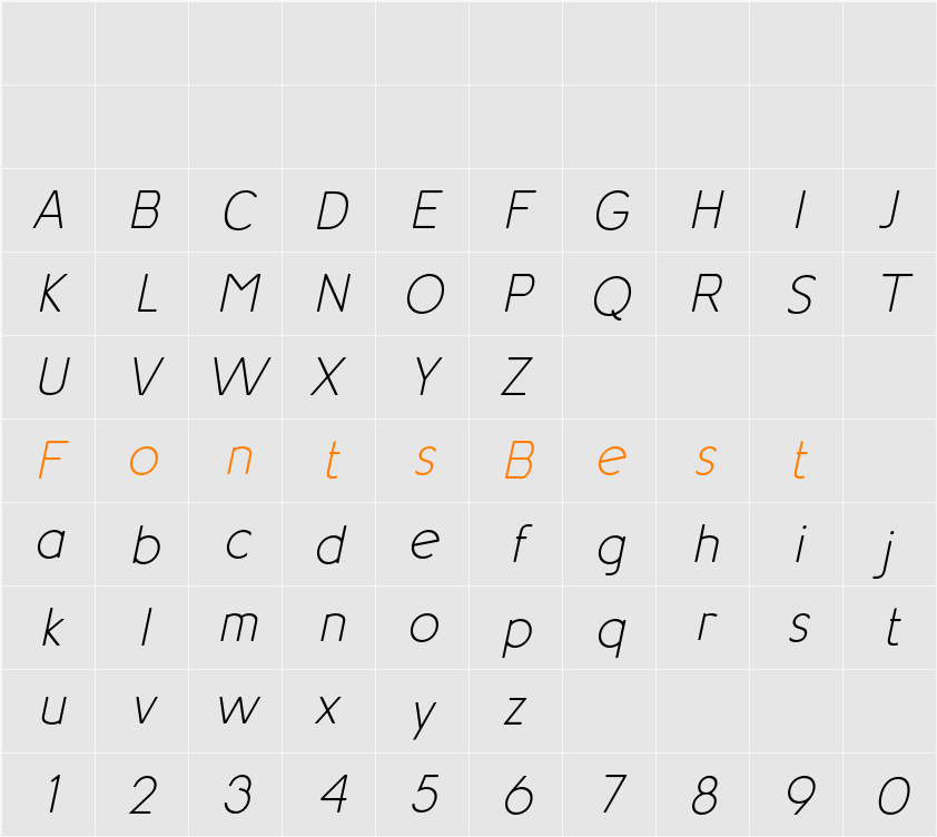 Aotani Thin Italic Character Map