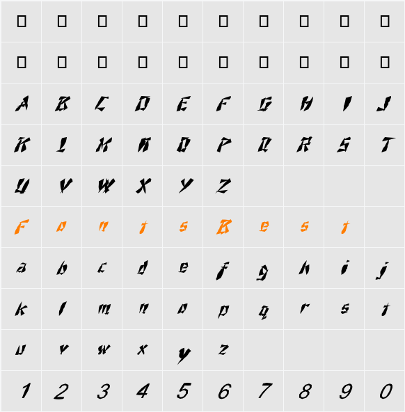 FZ UNIQUE 21 MANGLED ITALIC Character Map