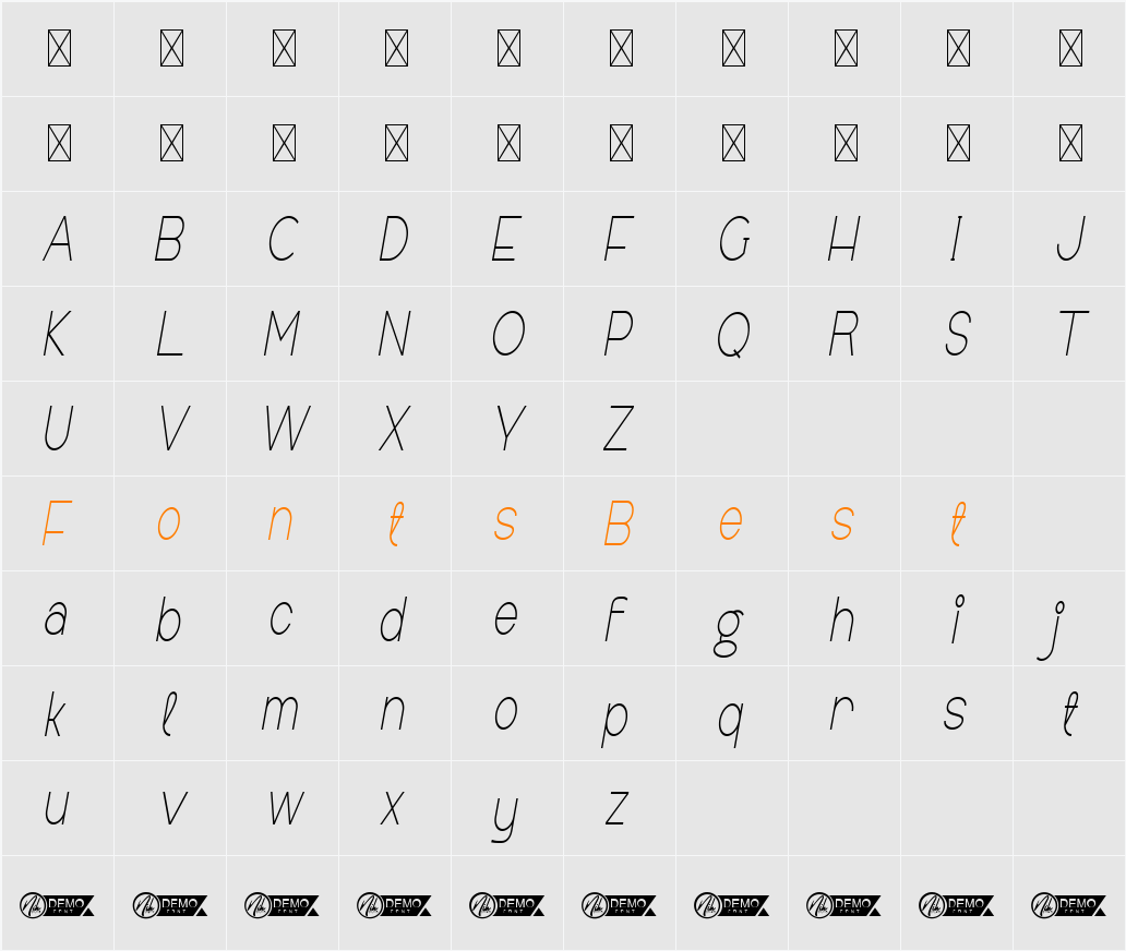 Allegany Demo Condensed Italic Character Map
