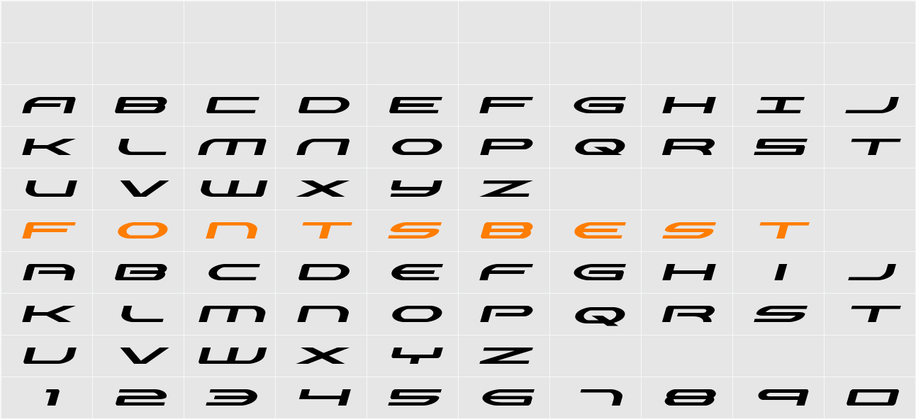 Antietam Extra-Expanded Italic Character Map