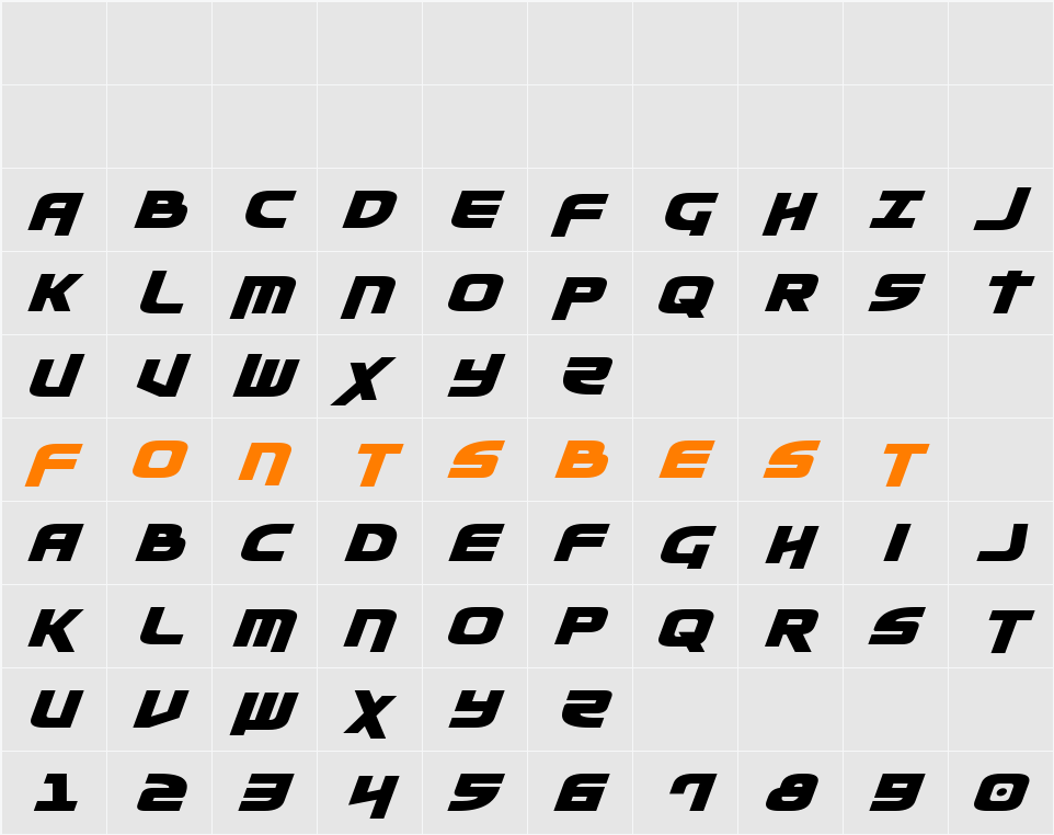 Moltors Expanded Italic Character Map