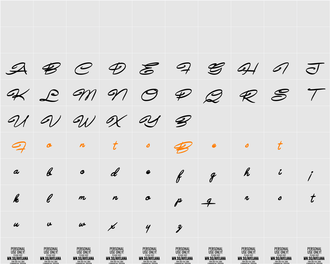 Avelana Bold Ital PERSONAL USE Character Map