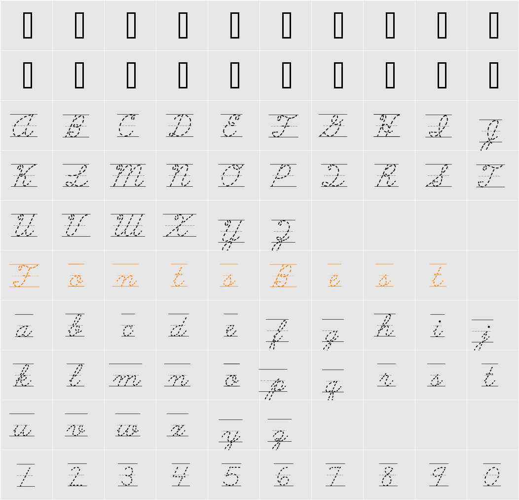 AbcCursiveDottedLined Character Map