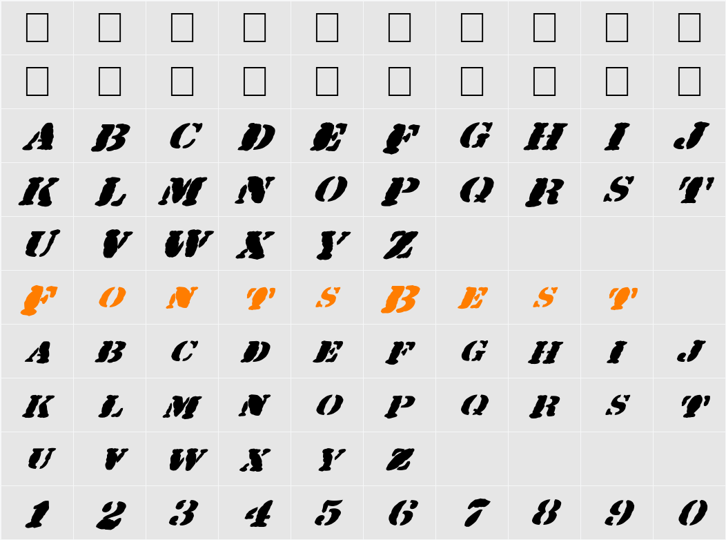 FZ UNIQUE 25 MANGLED ITALIC Character Map