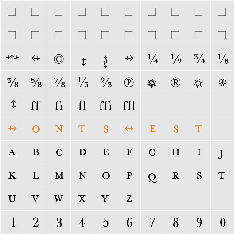 MrsEavesFractions Character Map
