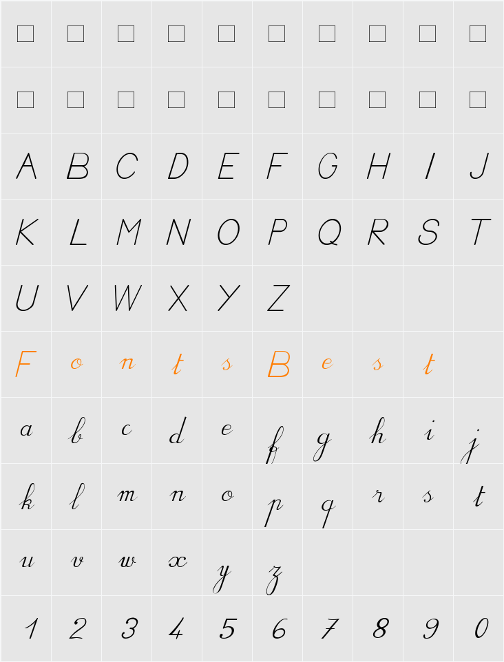 BV Cursive Ital Character Map