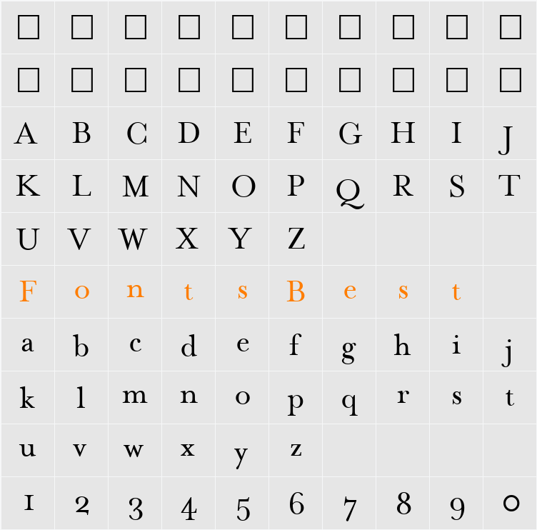 MrsEavesRoman Character Map