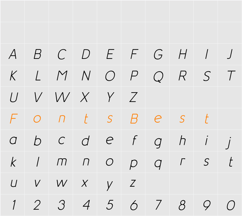 Aotani Extra Light Italic Character Map