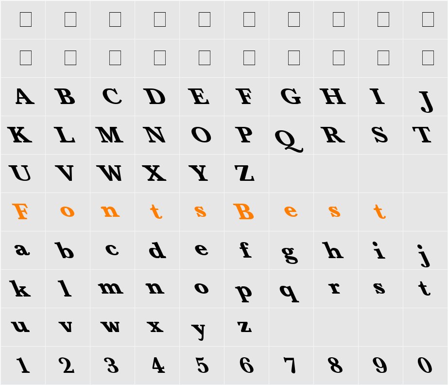 Baskerville-Bold Extreme Lefty Character Map