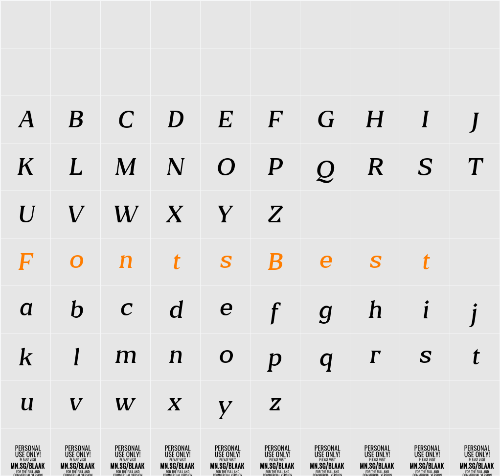 Blaak Light PERSONAL USE Character Map