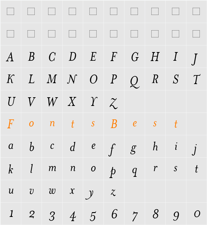 MrsEavesSmartLig Character Map