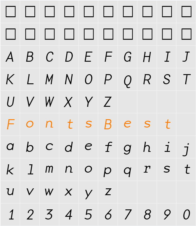 BaseMonoWideThinItalic Character Map