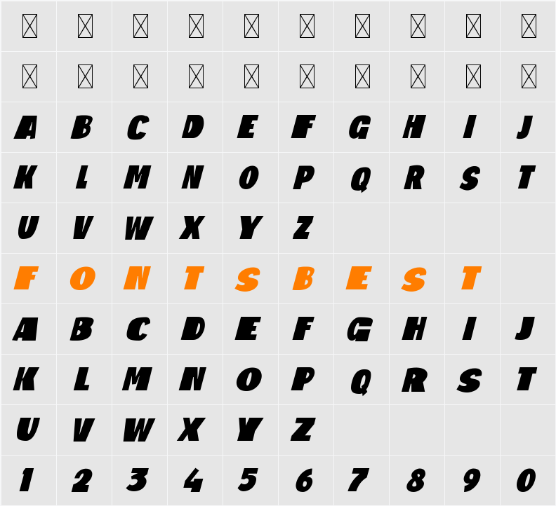 Big Shout Bob Slim Italic Character Map