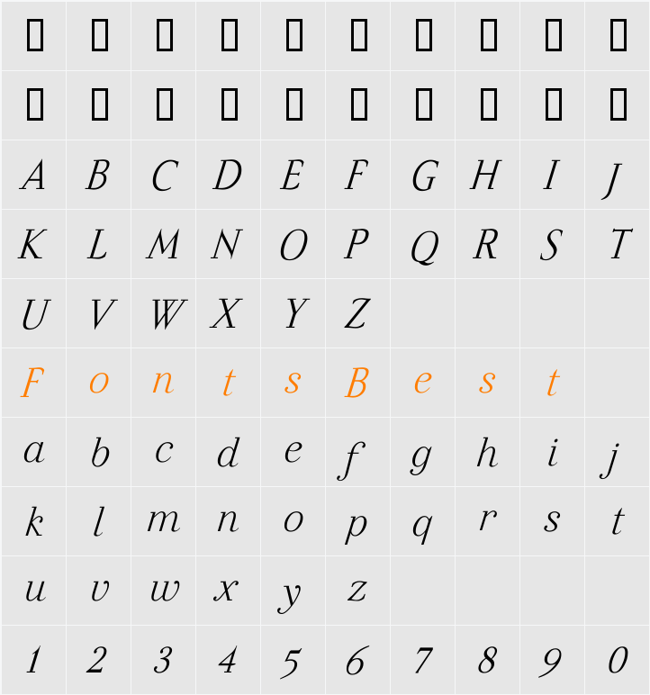Felina SerifLight Italic Character Map