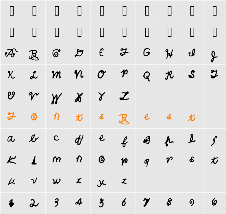 CalebsCoolHandwriting Character Map