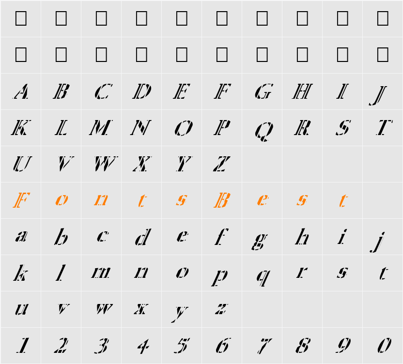 FZ ROMAN 24 STRIPED ITALIC Character Map