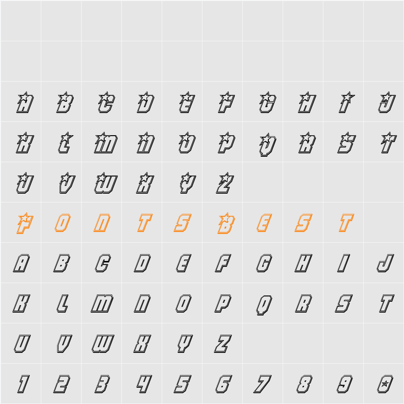 Army Rangers Engraved Italic Character Map