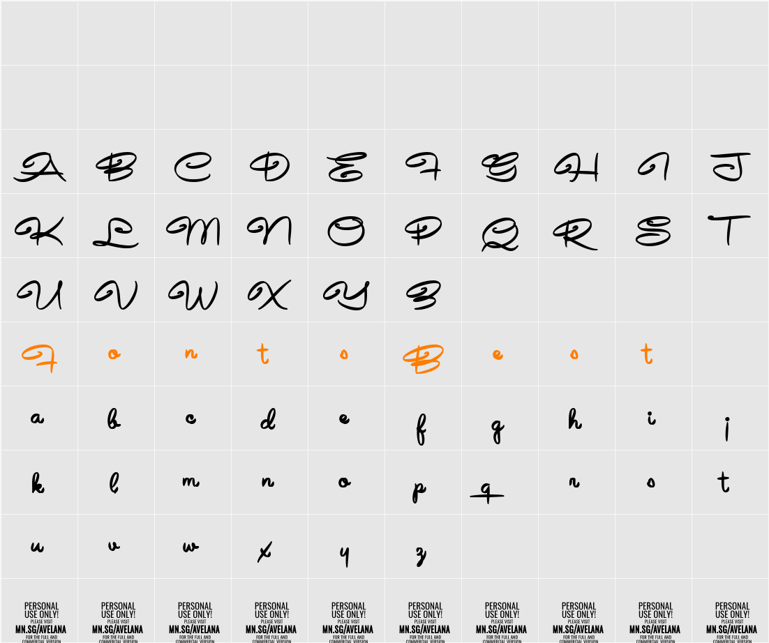 Avelana Bold PERSONAL USE Character Map