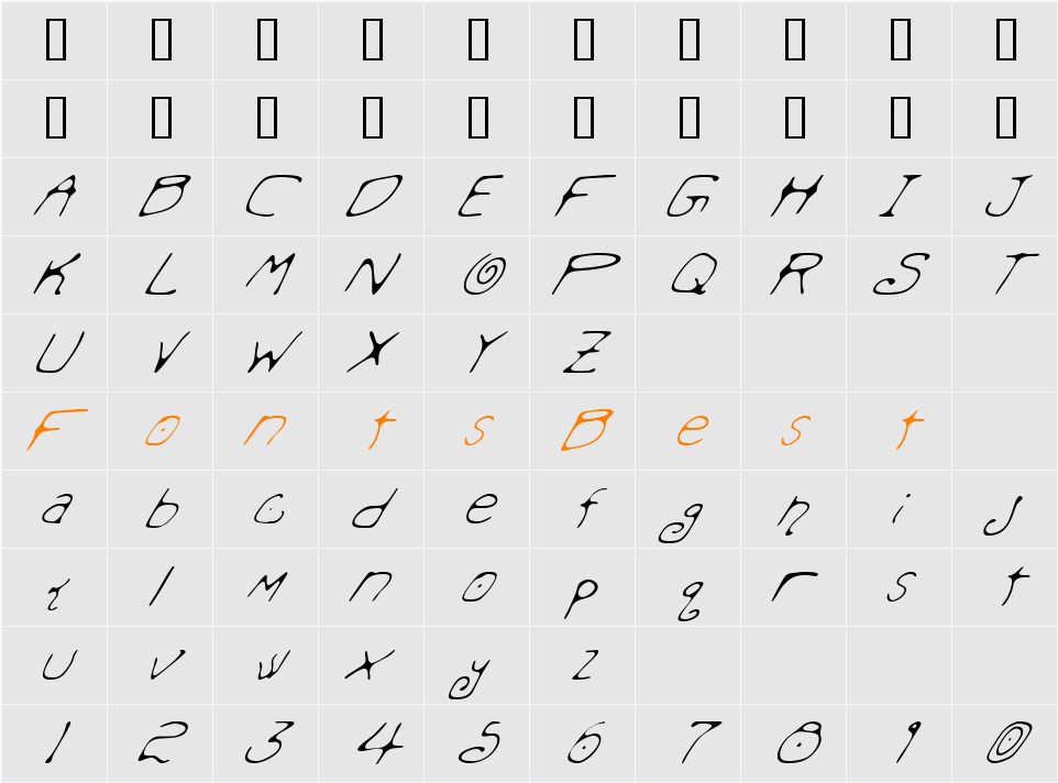 Mondo Messo Fonto Italic Character Map