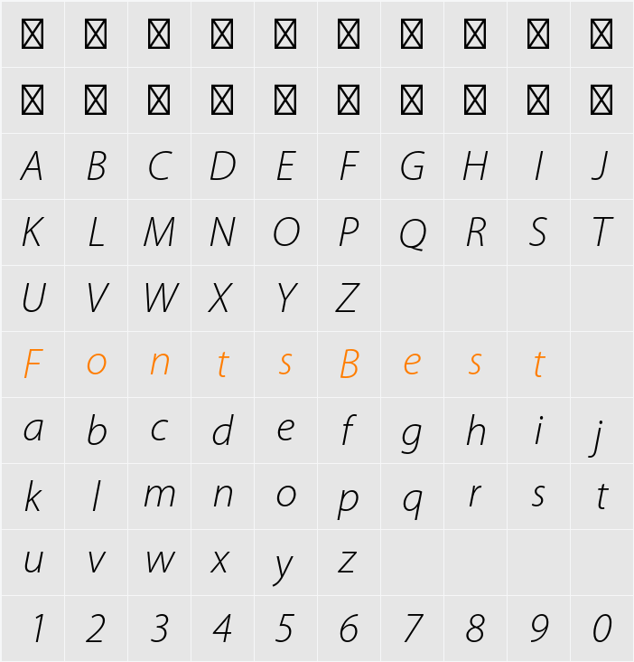 Myriad Pro Light Character Map