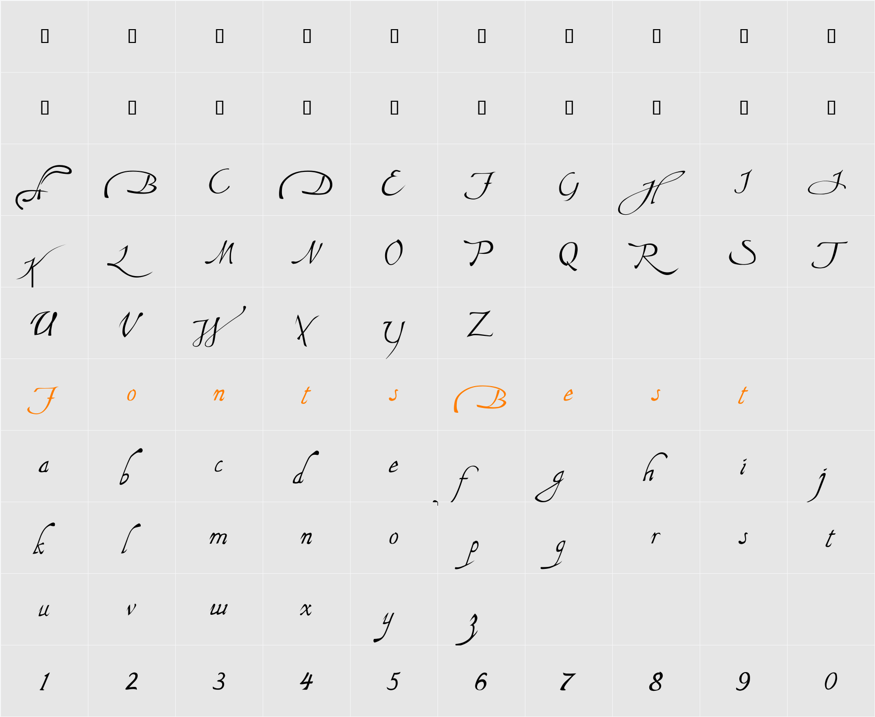 Flamboyant Handwriting Character Map