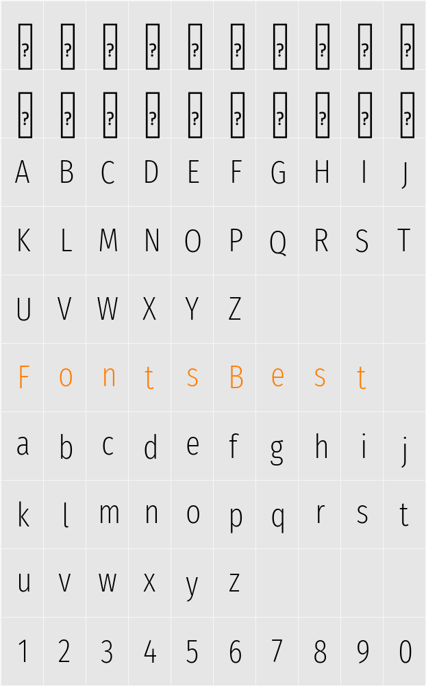 Fira Sans Extra Condensed ExtraLight Character Map