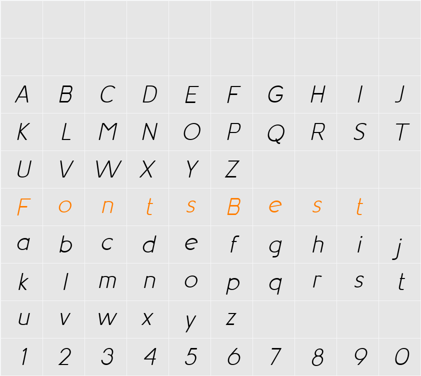 Aotani Extra Light Italic Character Map