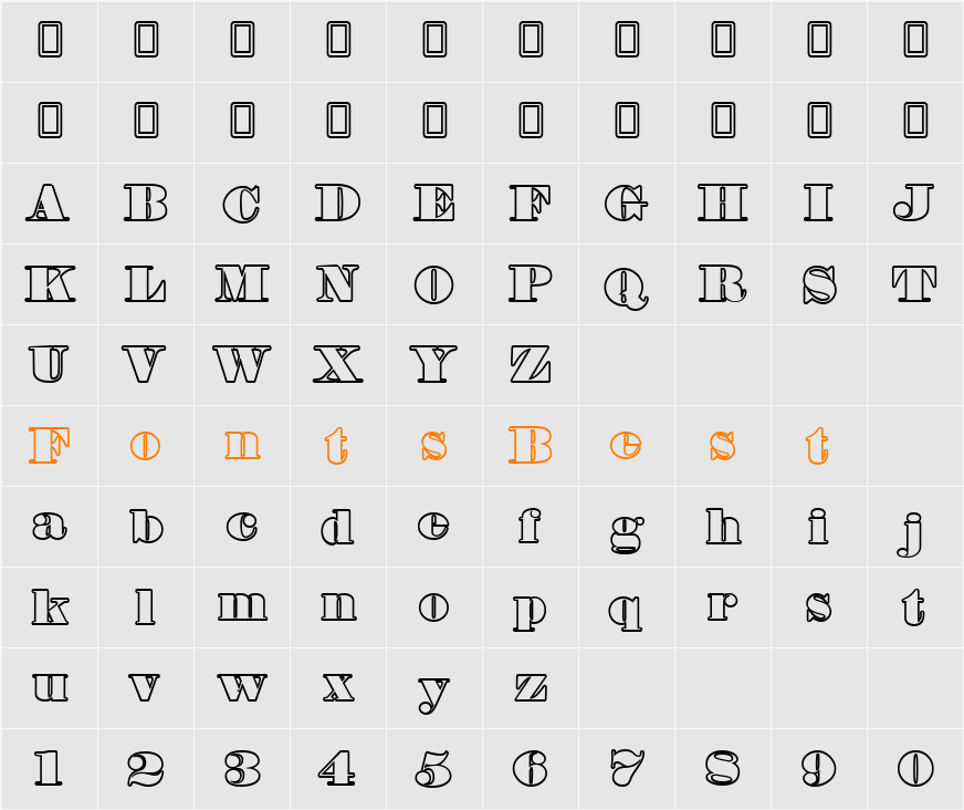 Fette Bauersche Antiqua UNZ Pro Hollow Character Map