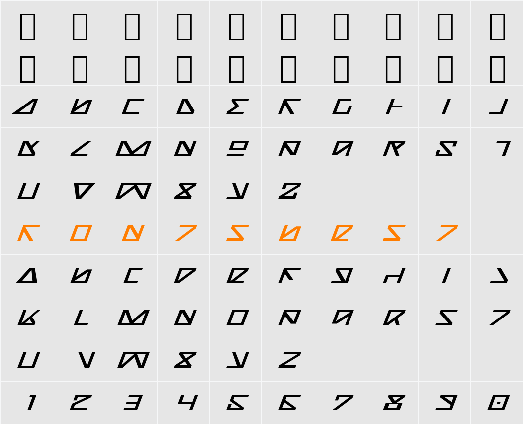 Nick Turbo Expanded Italic Character Map