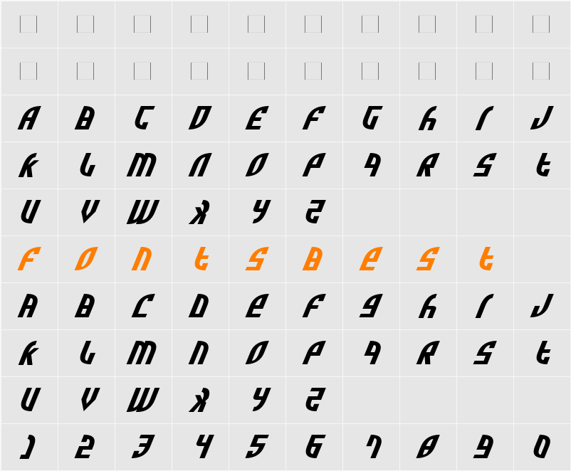 Zone Rider Exp Italic Character Map