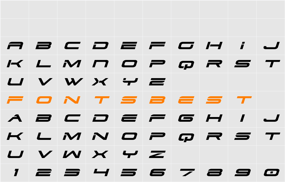 Dodger Expanded Italic Character Map