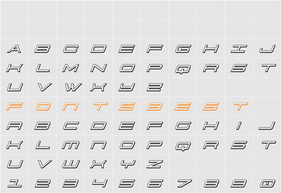 911 Porscha 3D Italic Character Map