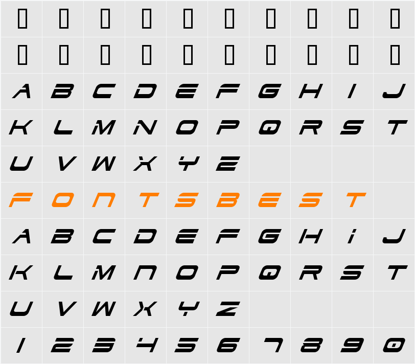 Dodger Condensed Italic Character Map