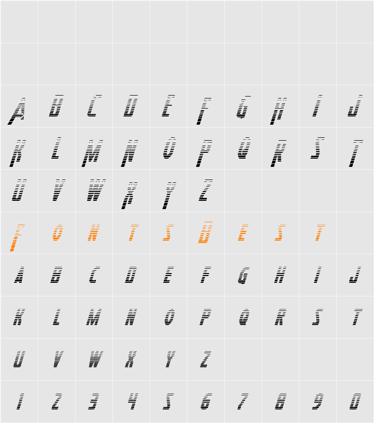 Heroes Assemble Gradient Italic Character Map